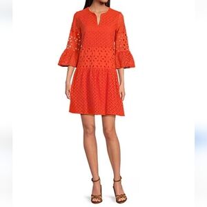Tyler Boe Orange V-Neck Bell Sleeve Mini Dress Eyelet,lace Like,airy ,tired